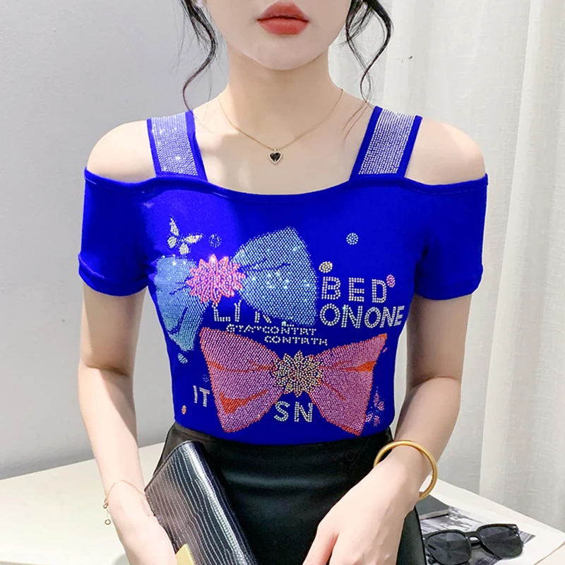 New Arrivals European Summer Women Bow T-shirt Clothes Chic Sexy Off Shoulder Shiny Diamonds Tops Lovely Mesh Tees