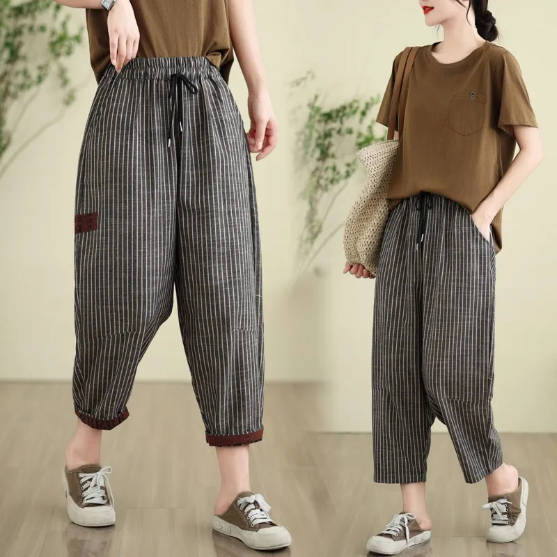 

2024 Spring Summer Arts Style Women Elastic Waist Loose Calf-length Pants All-matched Casual Cotton Linen Striped Harem Pants