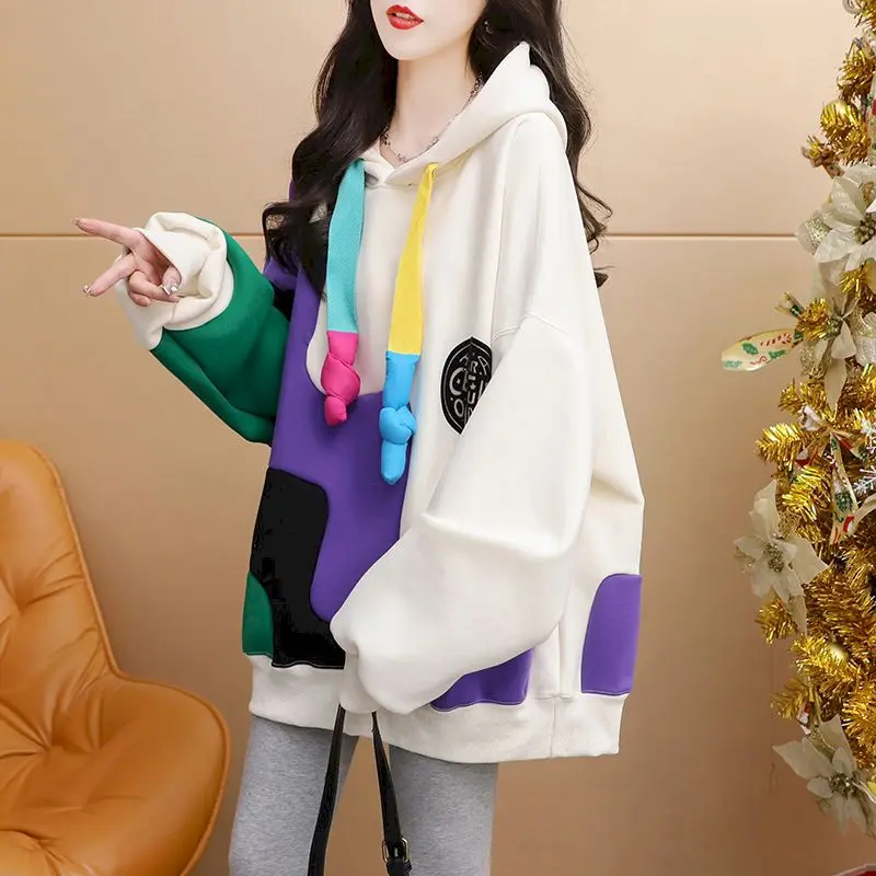 Color Patchwork Hoodies Women Fashion Design Plush Thicked Hooded Coats Korean Style Drawstring Hoodie Autumn Winter Trend Coat