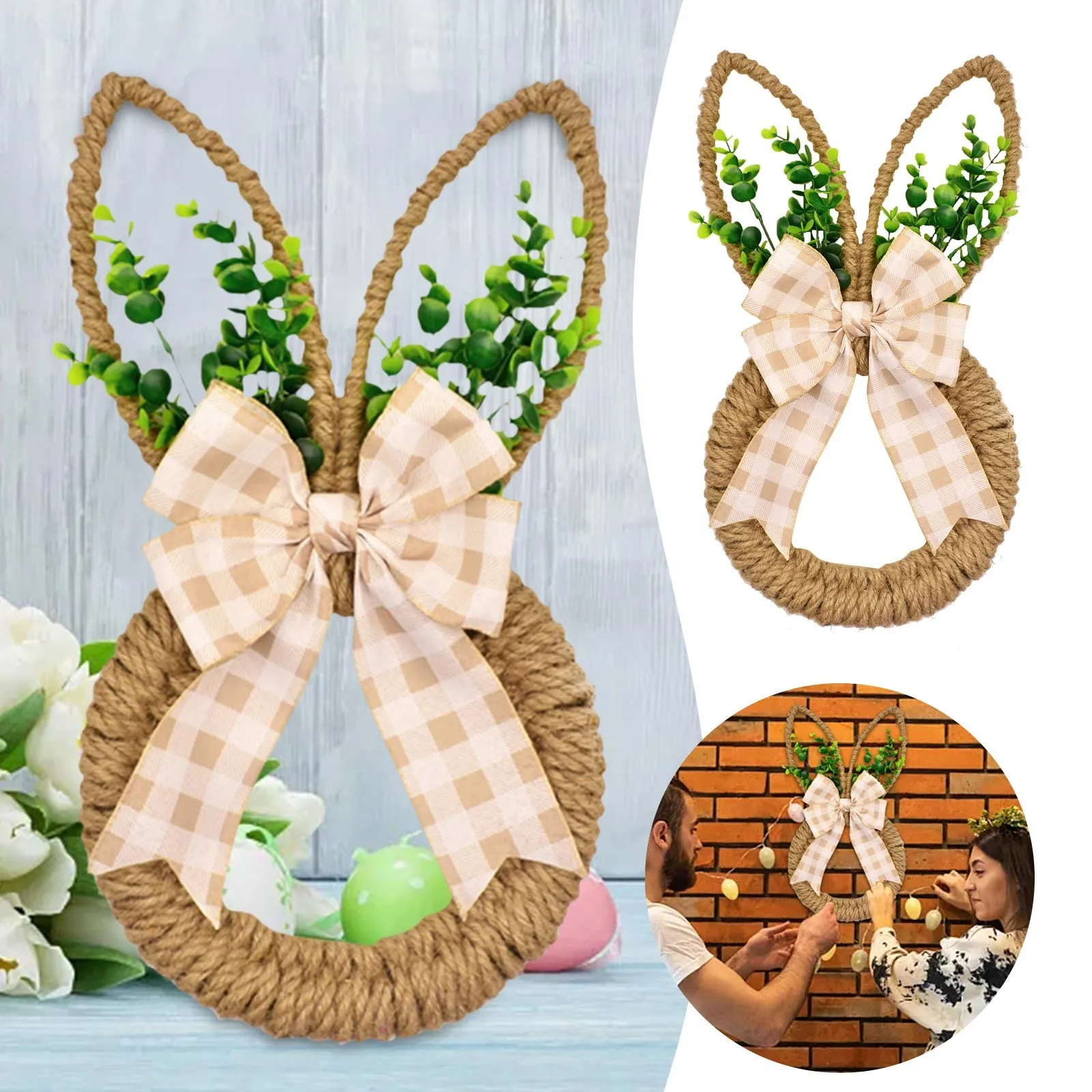 Handicrafts Spring Bunny Wreath For Spring And Easter Front Door Wall Window Decor Decorated With Bow And Green Advent Wreath