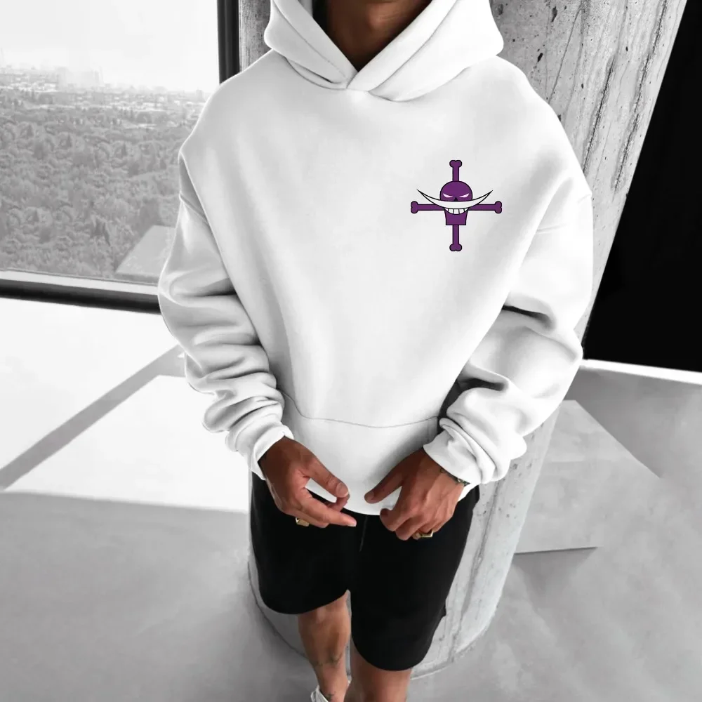 One Piece Hoodie, Unisex Drawstring Hooded Sweatshirt Whitebeard Jolly Roger Skull Front Back Anime Print Casual Pullover