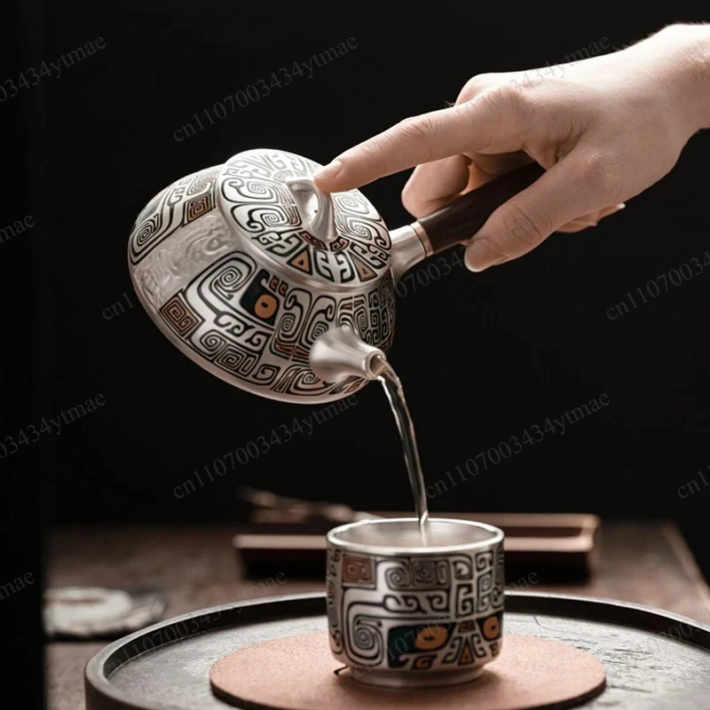 999 Pure Silver Handmade Teapot Side‑Handle Gilded Stone Scoop Silver Kettle Home Kung‑Fu Tea Set Ornament