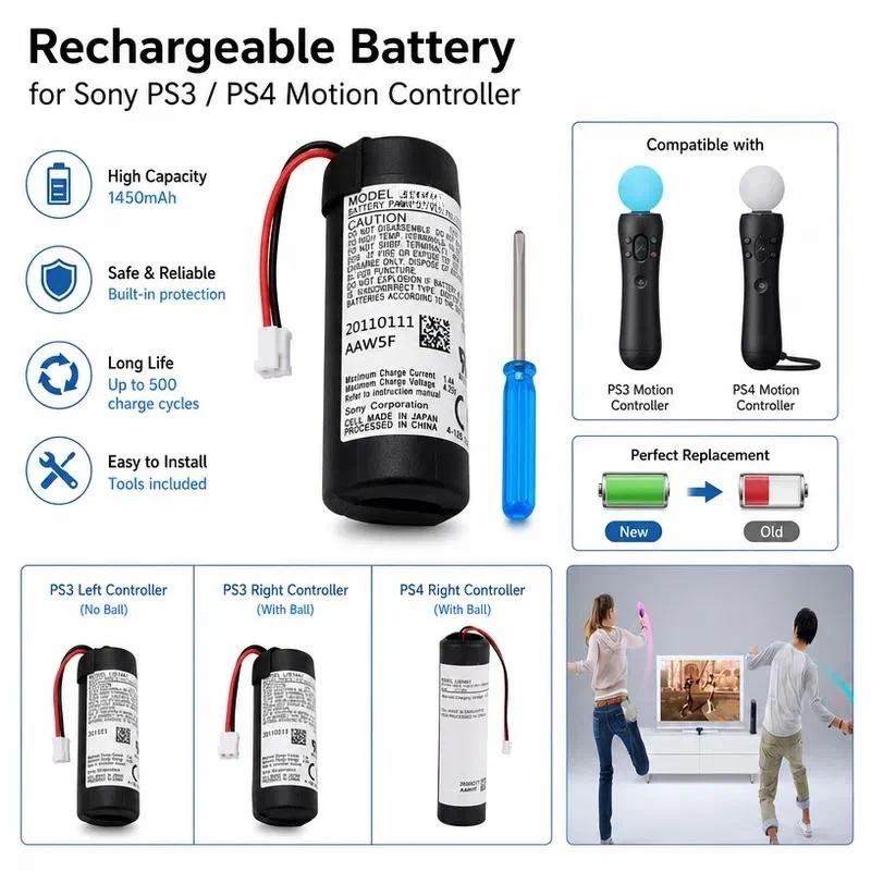 for PS3 PS4 Move Motion Controller Right Hand Grip High Capacity Built-in Rechargeable Battery Game Handle