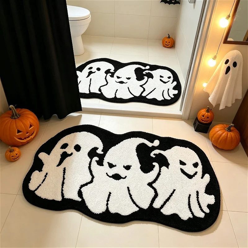 VIKAMA Halloween Three Ghosts Irregular Runner Rug Soft Fluffy Non‑Slip Floor Mat Living Room Bedroom Holiday Home Decor