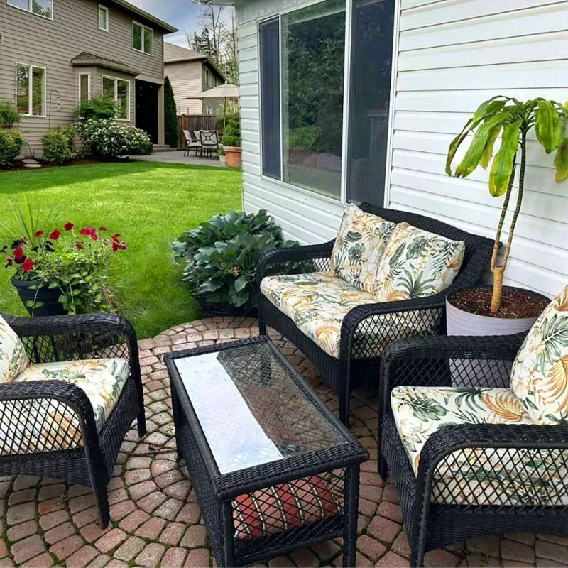 2pcs Printed Sofa Cushion Covers Back+Seat Case Covers Thick Stretch Outdoor Rattan Chair Sofa Combination Cushion Cover