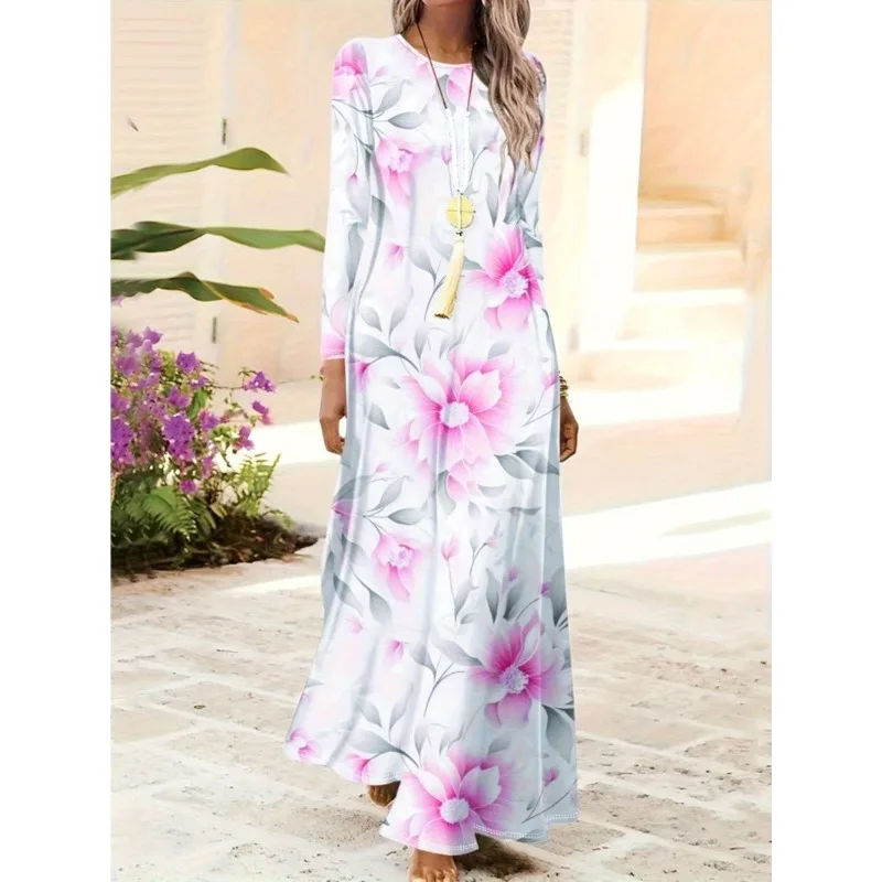 Spring and Summer Simple New Fashion Elegant Temperament Printed Long Dress Casual Long-sleeved Dress for Women