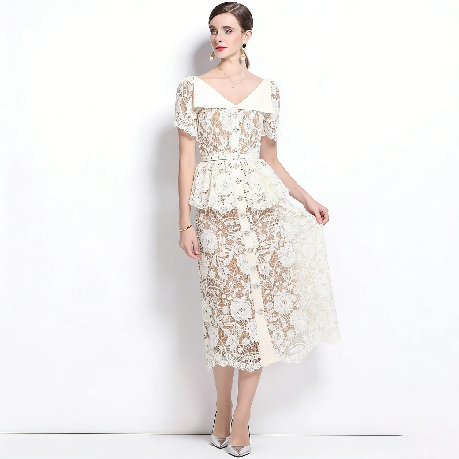 Vestido Midi de Encaje Floral Blanco para Mujer LIMO 2026, Cuello en V, Cintura con Peplum y Cinturón, Elegante Vestido de Fiesta de Manga Corta