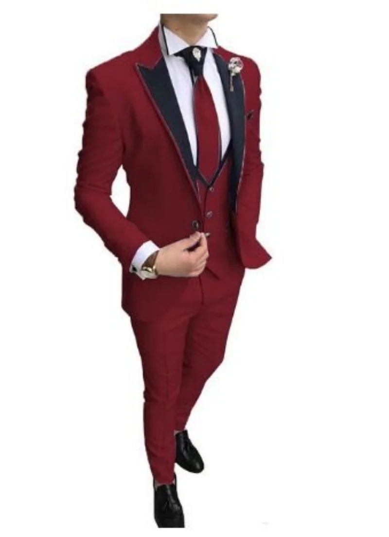 

Burgundy Men's 3 PCS Suits Formal Business Peak Lapel Slim Fit Groom Tuxedos Best Man Blazer For Party (Jacket+Vest+Pants)