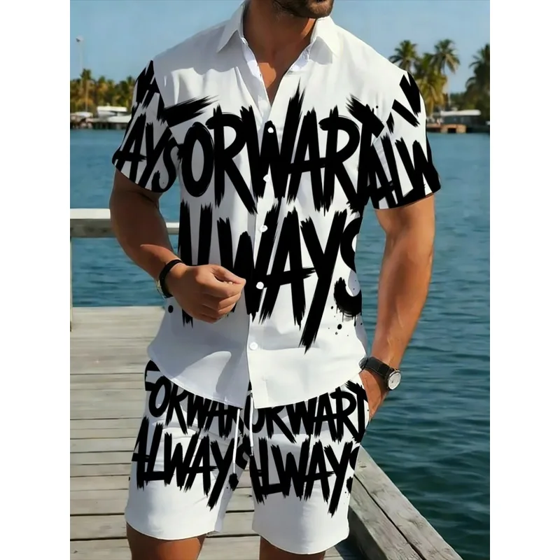 Men White Printed Short Sleeve Shorts Set Lightweight Casual Beach Outdoor Summer Outfit
