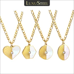 LUXUSTEEL New Design Geometric White Shell Necklaces for Women Stainless Steel Heart Oval Pentagon Round Pendant Vintage Collar