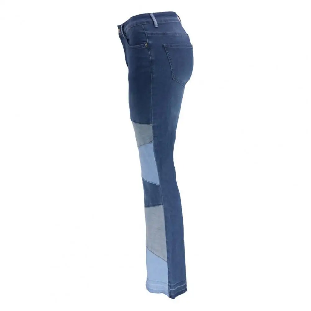 

Stylish Women Jeans Pockets Stretchy Skinny Flare Jeans Color Block Wide Leg Flare Denim Pants