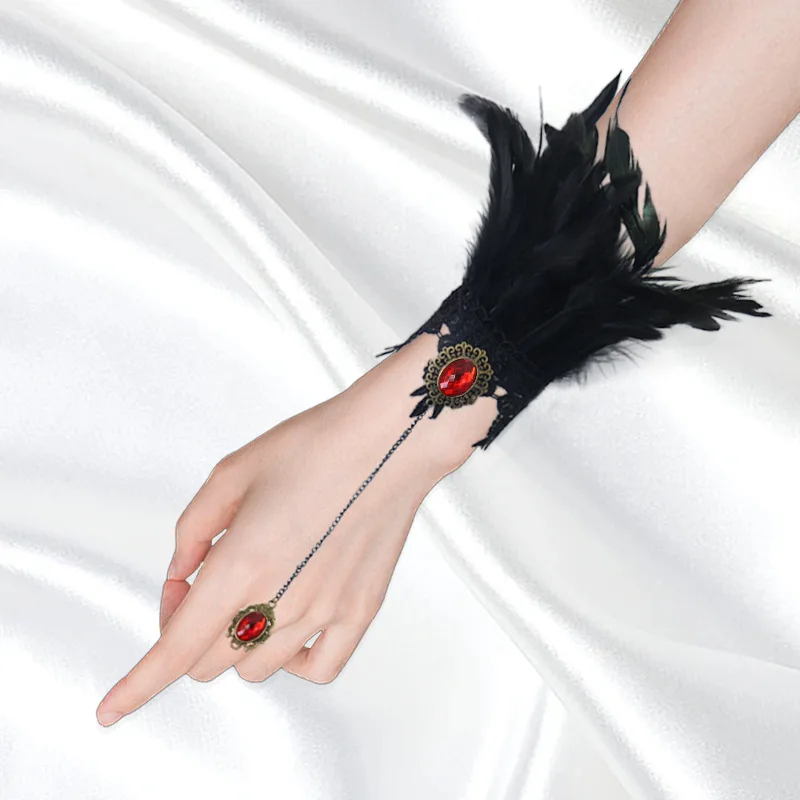 هالوين جديد الدانتيل سوار إصبع واحد سوار القوطية نمط مع الماس والريش الدائري قطعة واحدة مجوهرات اليد