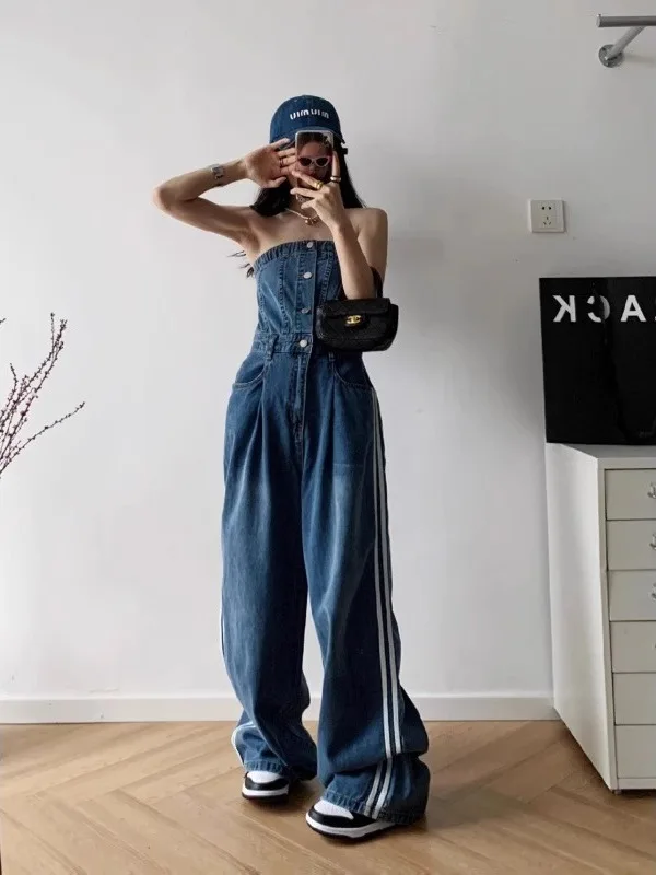 

Cool Denim Jumpsuit Women's Summer 2025 Spicy American Retro Casual Sport Side Stripe Long Pants High Waist Polyester