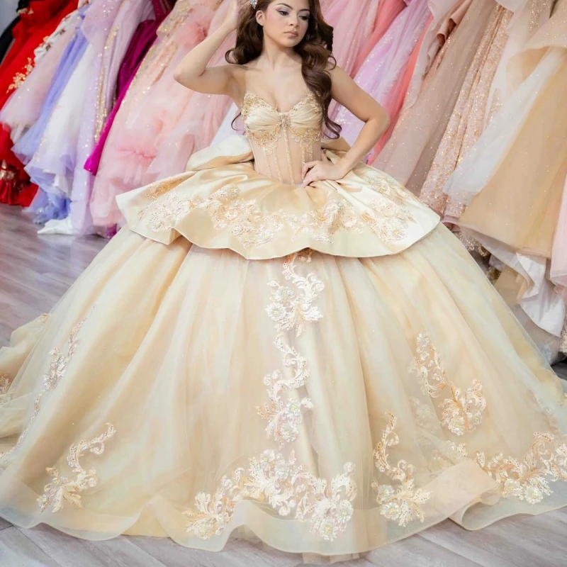 

Champagne Shiny Princess Sweet 16 Dress Dress Quinceanera Dresses Applique Lace Beads Bow Tull Party Birthday Vestidos 15 De