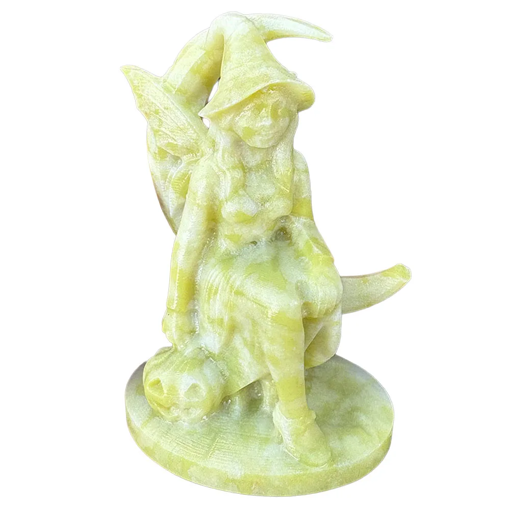 Custom Handcrafted Natural Cauliflower Jade Fairy Witch on Crescent Moon Figurine - Cute Gemstone Fantasy Statue Collectible