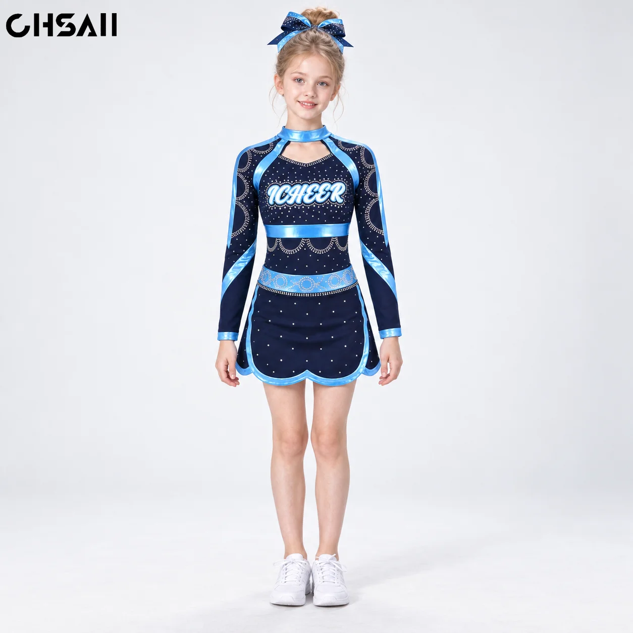 Girls Navy Blue Rhinestone Cheerleading Dress Long Sleeve Keyhole Neck Shimmering Trim Scalloped Skirt Youth Competition Costume