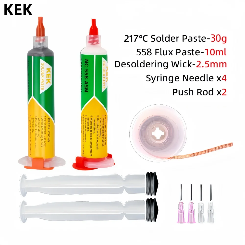 KEK NC-558 10ml Sn96.5Ag3.0Cu0.5 Solder Paste 217℃, Desoldering Wire Kit, BGA PCB Motherboard Chip Rework Soldering Repair Tools