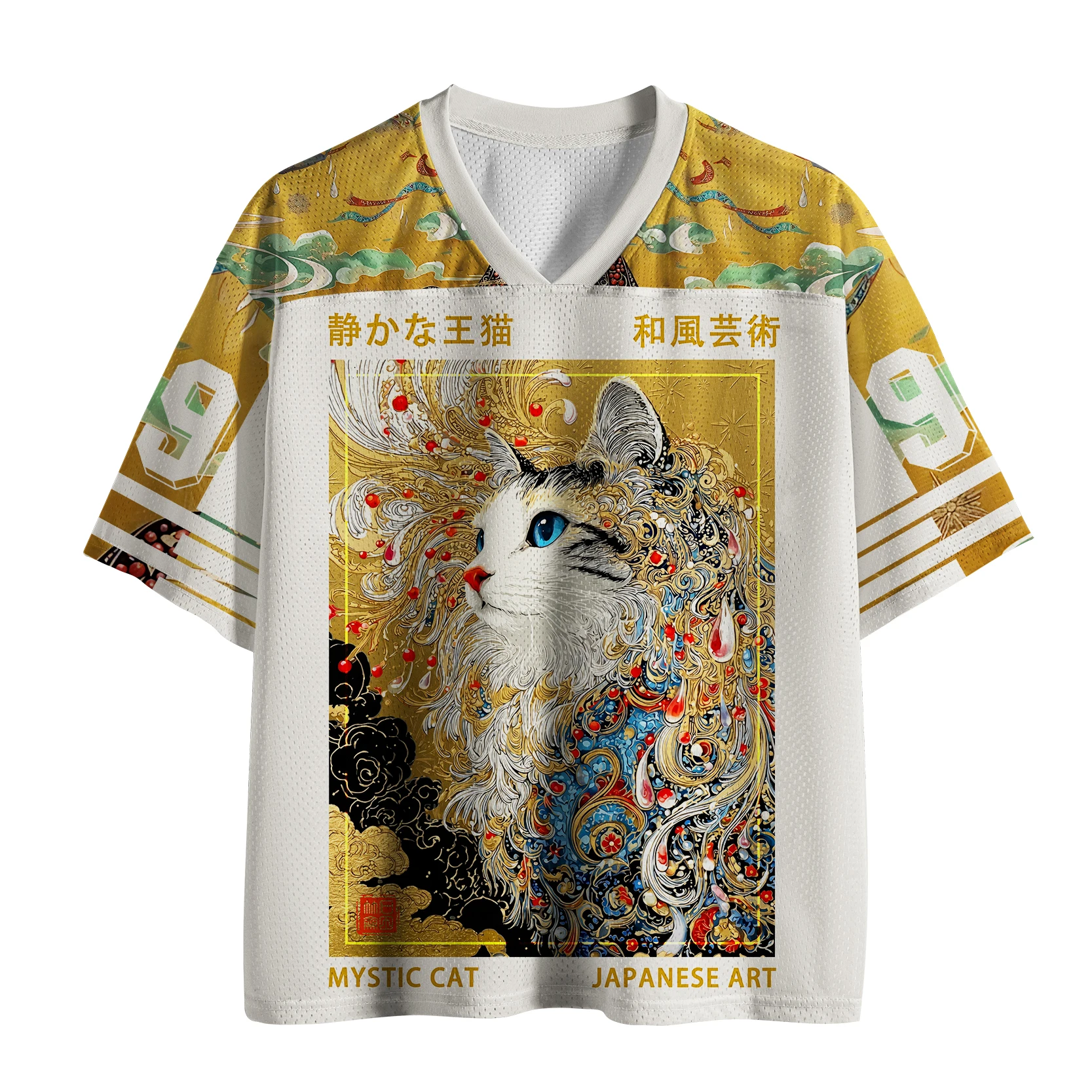 2026 New Japanese Mysterious Cat Ukiyo-e Art Mesh Jersey for Adults and Children, Yellow White V-neck T-shirt