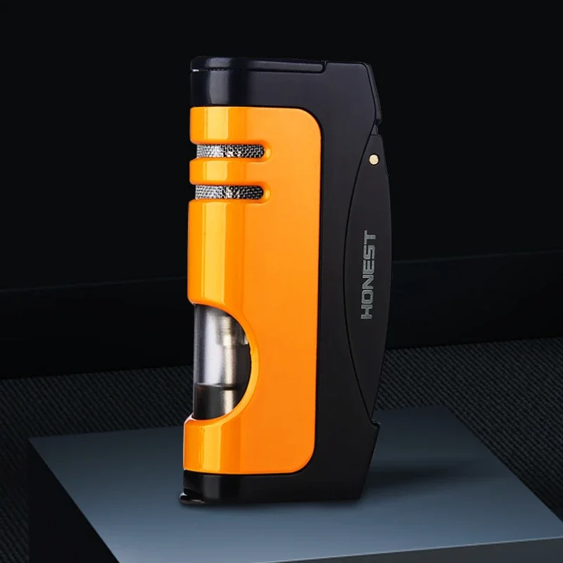 HONEST Windproof Jet Blue Flame Butane Gas Torch Lighter Visual Oil Bin With Cigar Cutter Portable Cigar Lighters Smoking Gadget