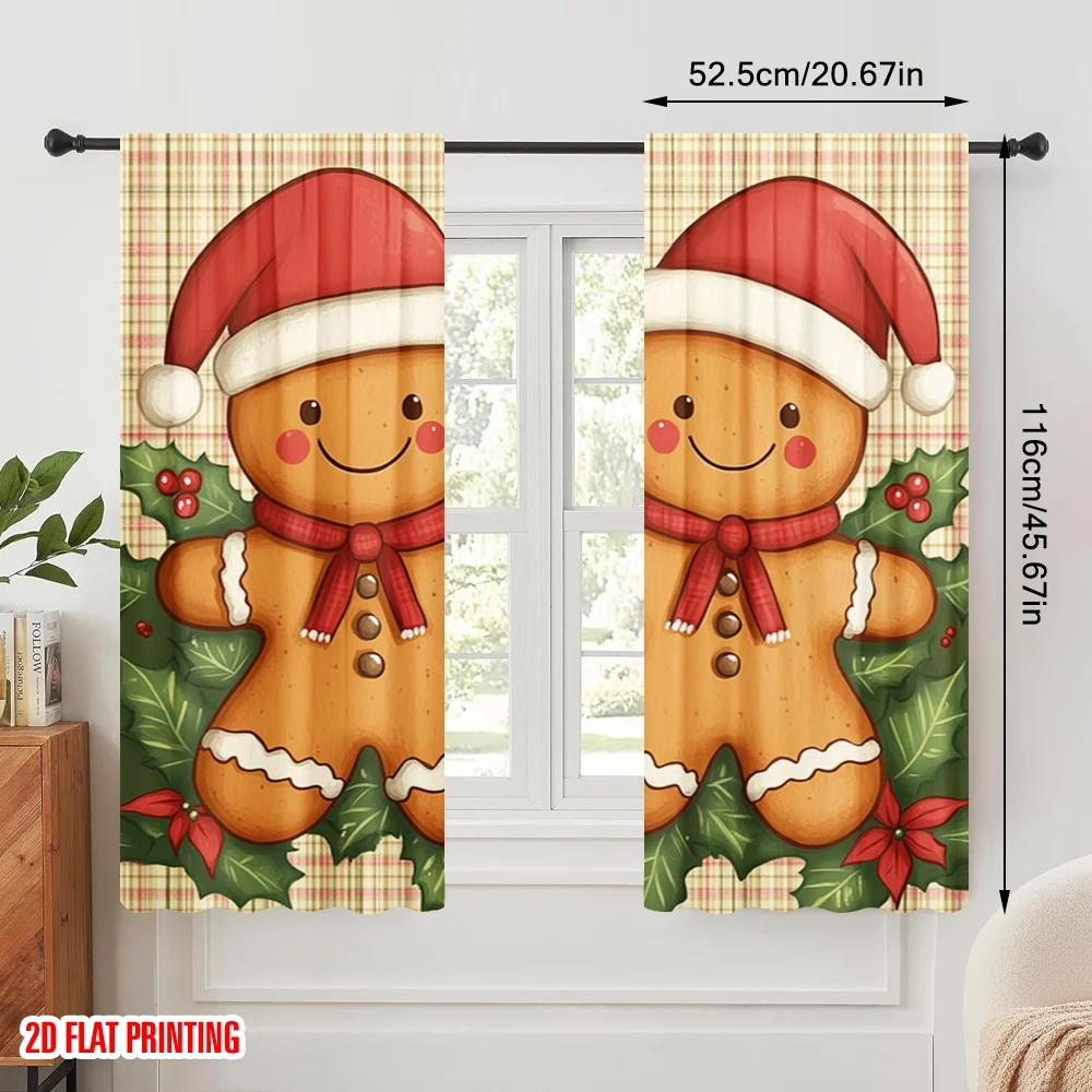 2pcs,2D plane printing Window Curtain Cute Gingerbread Couple Christmas Holly (3) Versatile Polyester (without rod) Decorations