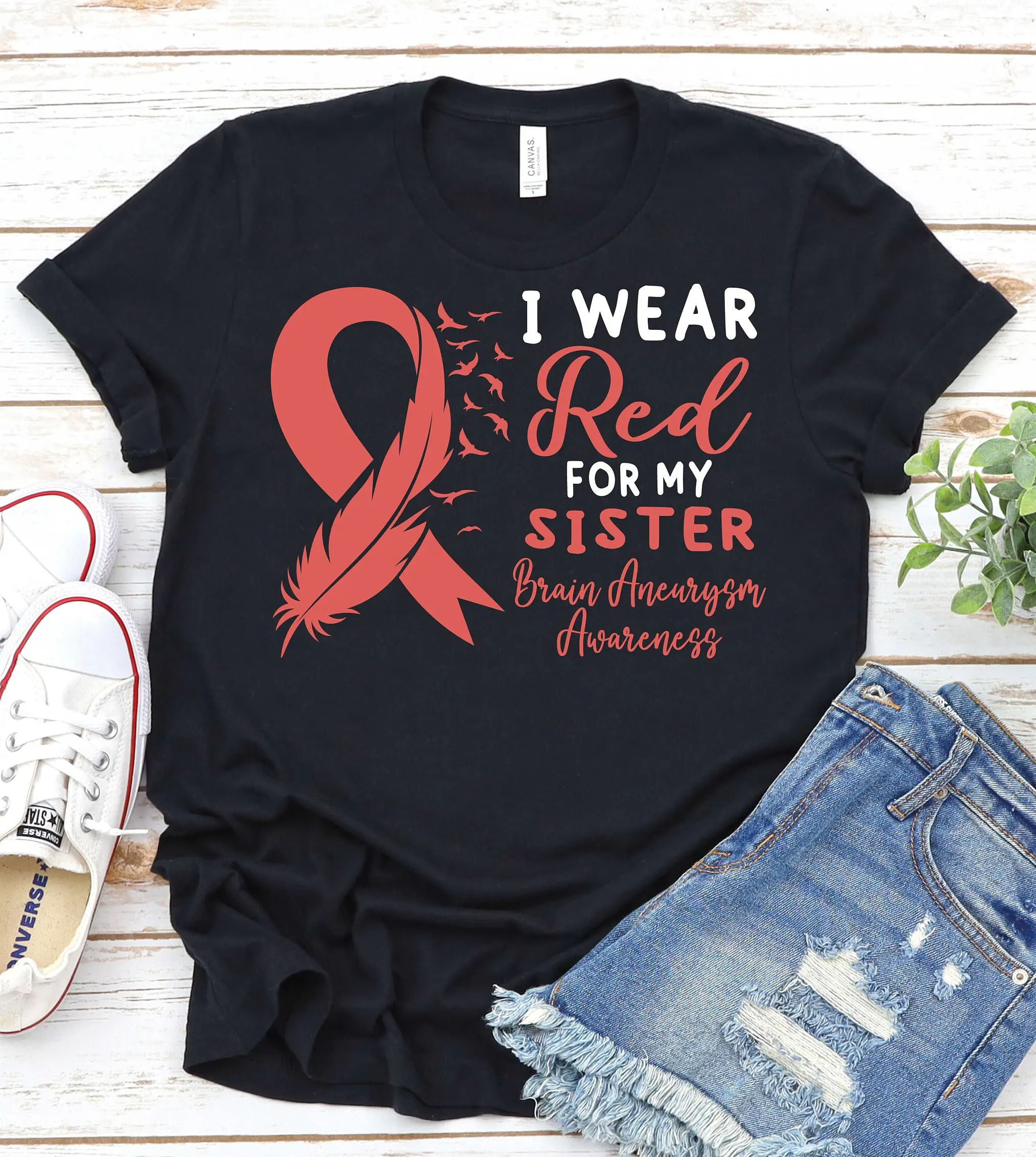 Brain Aneurysm Awareness T Shirt Red Ribbon Rupture Survivor Sister Cerebral