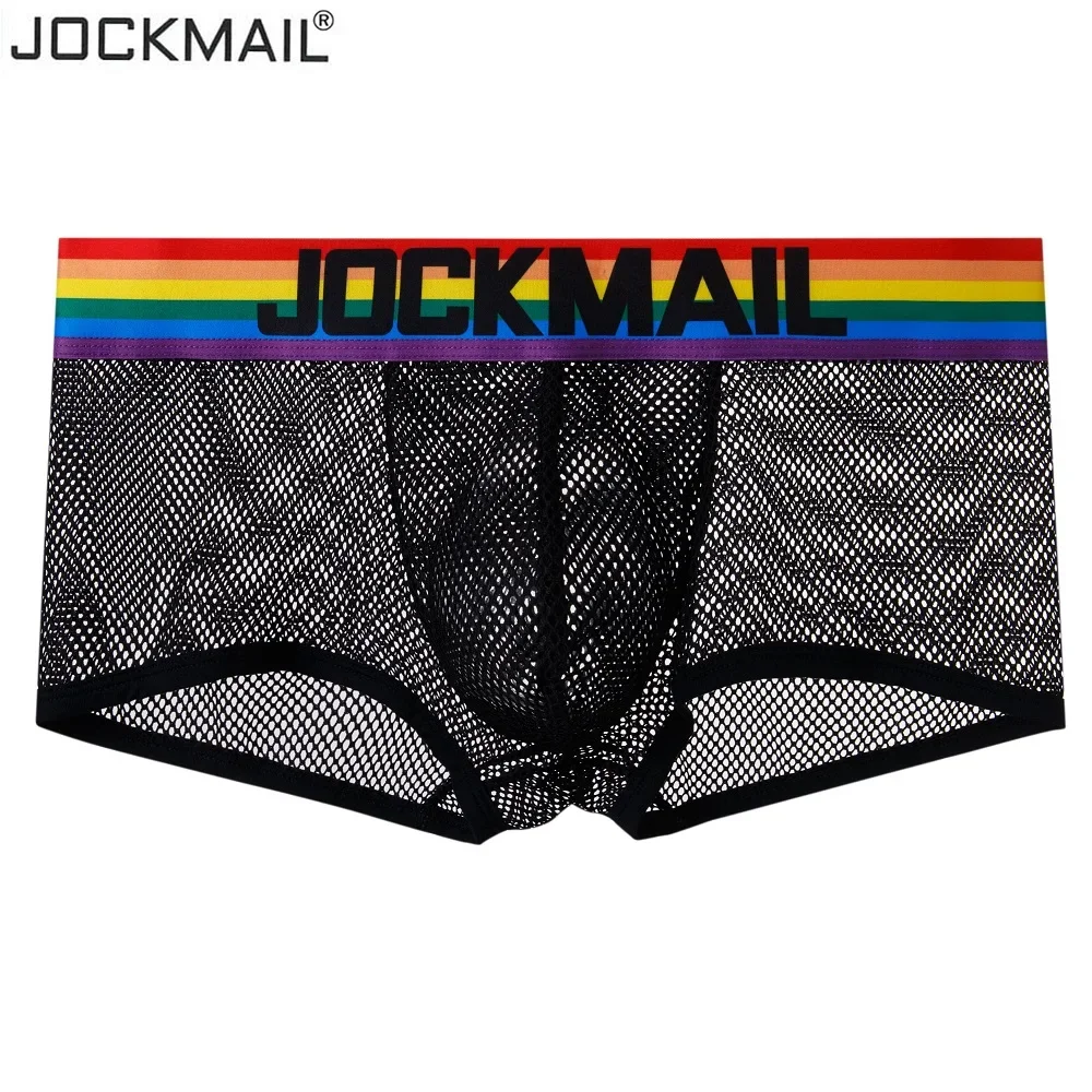 JOCKMAIL Men Briefs Underwear Sexy Breathable Rainbow stripes Underpants Nylon mesh hole fun Jockstrap Cueca Gay Male Panties