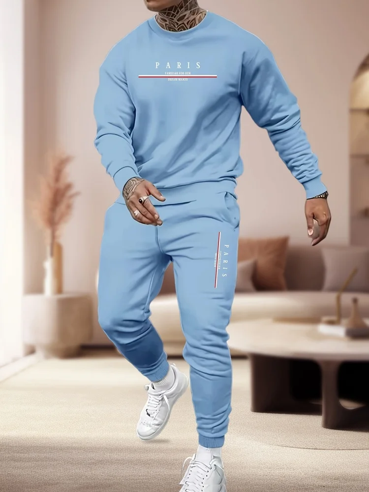 Fall New Arrival Men's Fashion Set 3D Trendy Letter Print Crew Neck Long Sleeve Top With Tapered Pants Outdoor Two-Piece Set