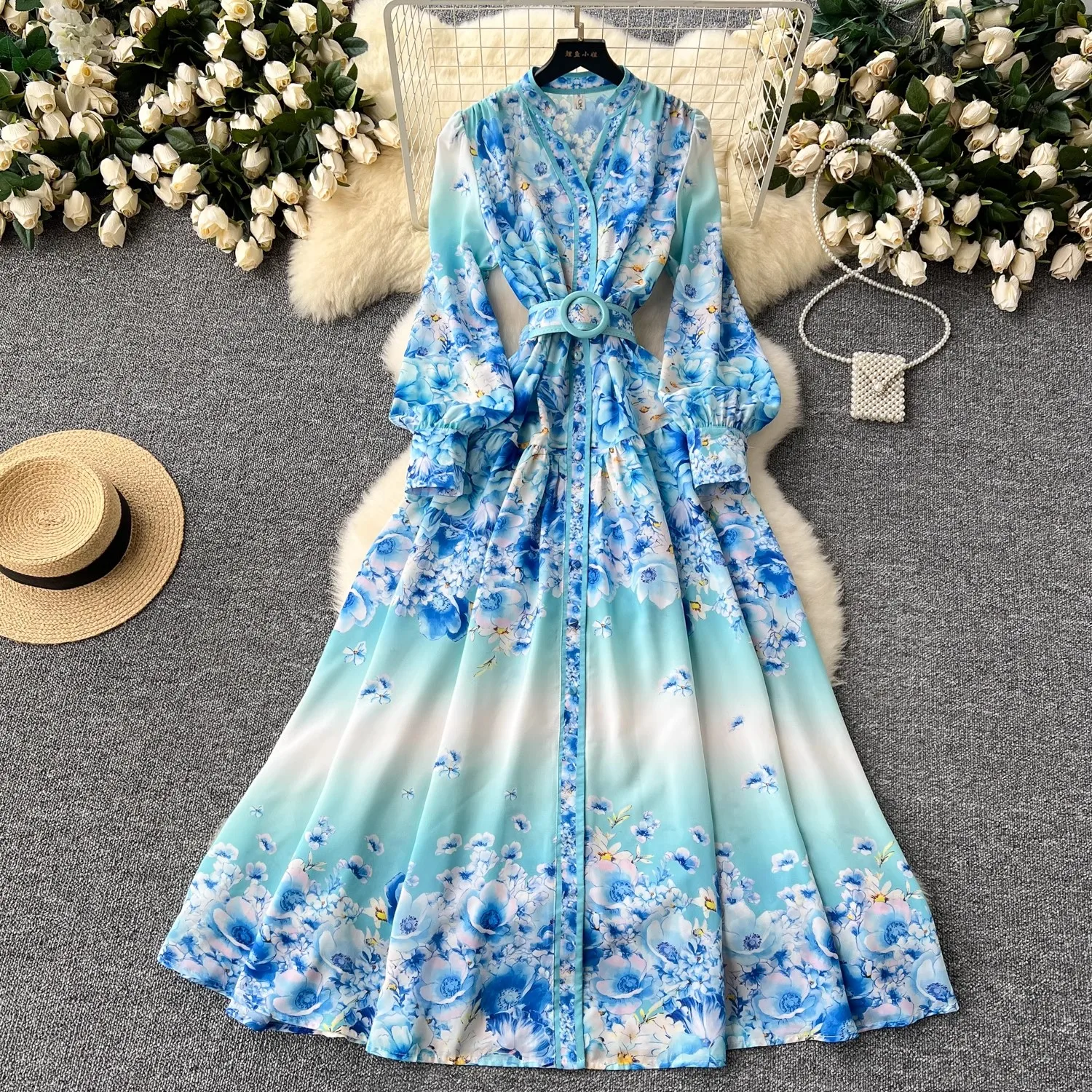 Elegante Herfst Roze Prachtige Bloem Vakantie Lange Jurk Boho Vrouwen V-Hals Lantaarn Mouw Print Chiffon Riem Maxi Robe Vestidos