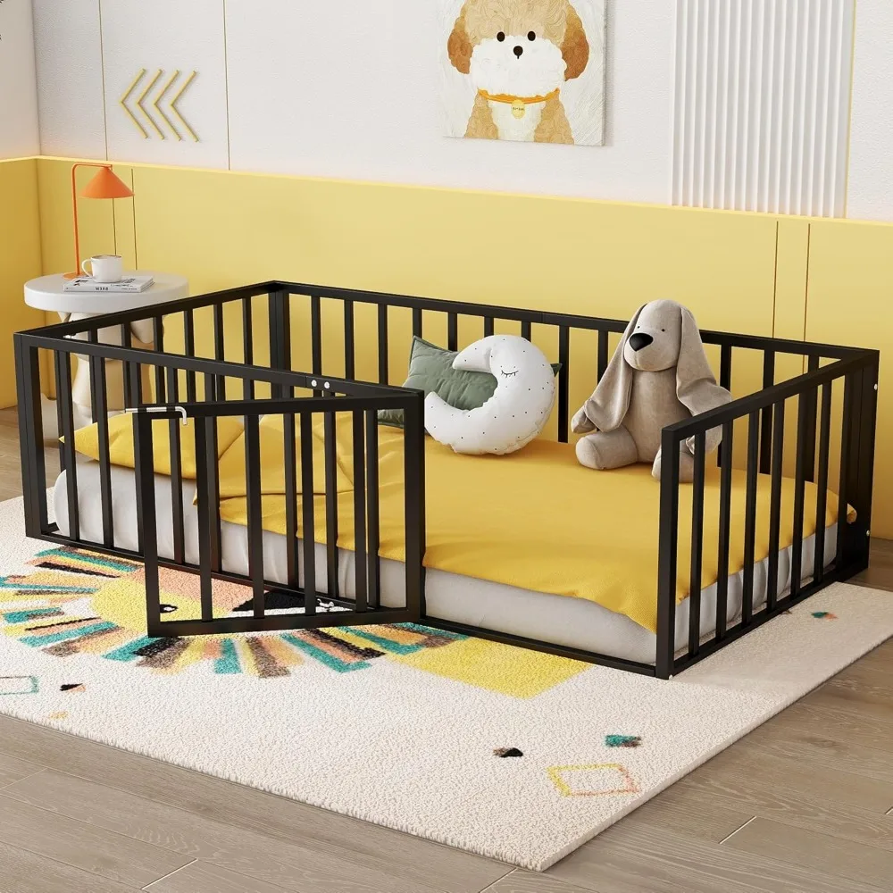 

Двуспальная напольная кровать с ограждением и дверью, сверхмощный напольный каркас кровати Монтессори двойного размера, легко собираемые кровати Монтессори, Bl