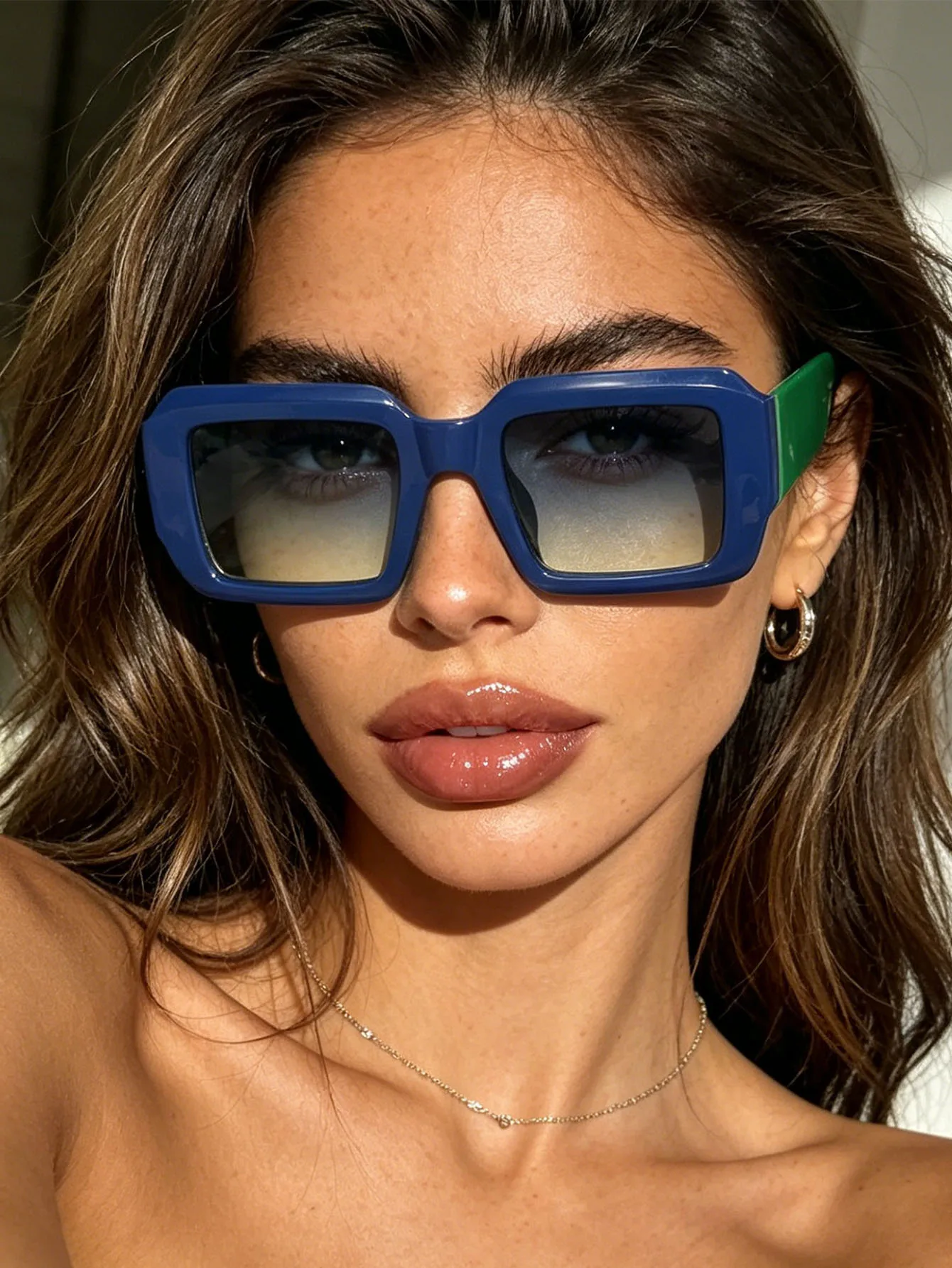 1Pc Color-Blocked Blue-Green Retro Square Sunglasses, Unisex, Uv Protection, for Beach Vacation/Street Photography Styling