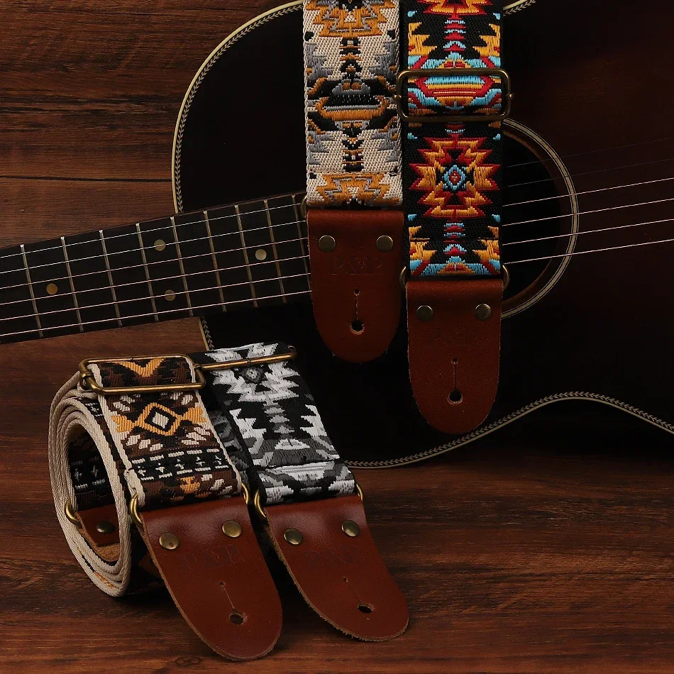 Strap estilo boêmio guitarra, couro macio final, ajustável, acústico, elétrico, baixo, cinto