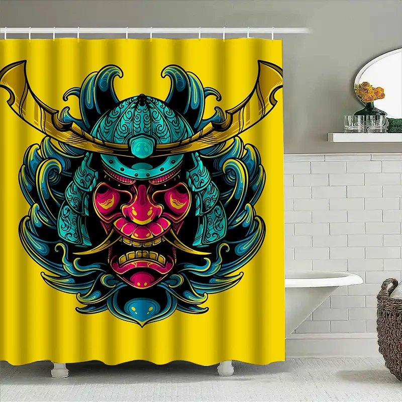 

Tuniu Samurai Mask Shower Curtain Japanese Warrior Art Red Blue Bathroom Decor Unique Design