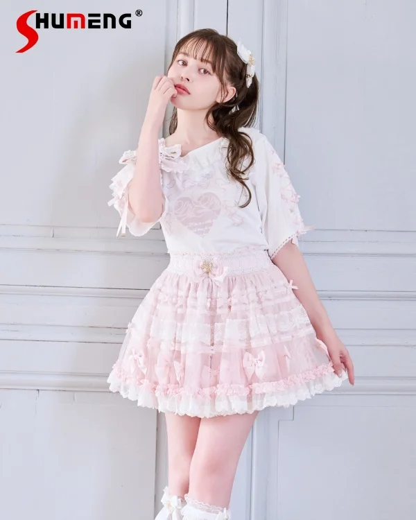 

Japanese Mine Mass-produced Liz Skirts Spring Autumn Girls Woman's Sweet Cute Bow Lace Lolita Cake Skirts Princess Mini Skirt