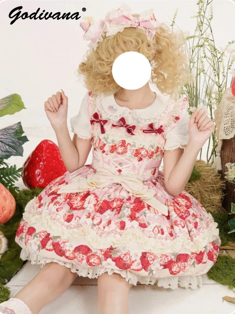 

Sweet Cute Lolita Jsk Suspender Dress New Summer Girl Women's Strawberry Printed Bow Short Suspender Dresses