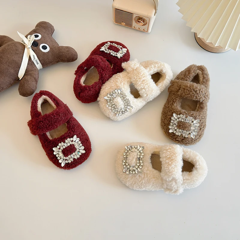 

Baby Girls Furry Shoes Flats Children Princess Fashion Warm Winter Mary Janes Toddler Shiny Rhinestone Loafers Kids Ballet Shoe