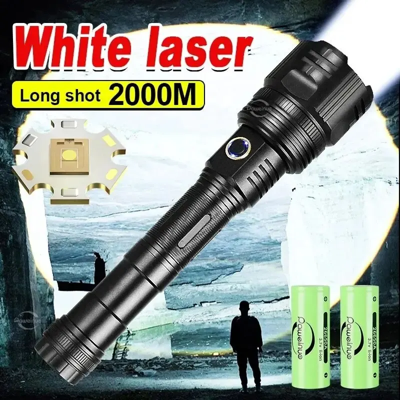 12000MAh High Power LED Flashlight 2000M Ultra Powerful Flashlight Type-C Rechargable LED Torch Zoom Waterproof Tactical Lantern