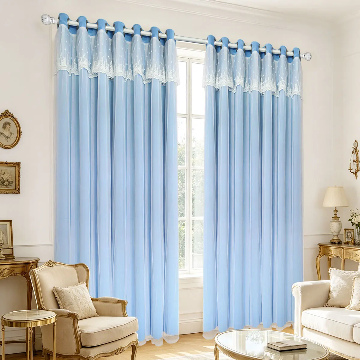 Sky Blue Double Layer Lace Grommet Curtains, Sheer Light Filter Drapes for Fresh French Kid Room Cottage Home Decor