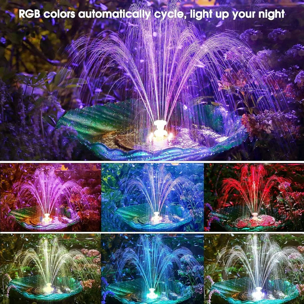 3.5W Solar Fountain with 8 LED Lights for Bird Bath Fountain Pump, Dual Nozzle Flower Shaped Fountain Garden Pond Decoration