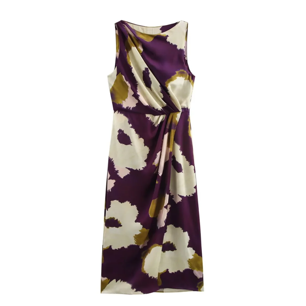 

2025 BM&MD&ZA Women's Sleeveless Midi Dress with Abstract Print and Twist Detail on the Front for an Elegant Look