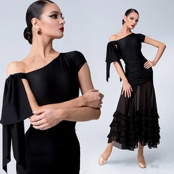 Women'S Modern Dancing Clothes Slanted Shoulder Dancing Top Mesh Skirts Adults Waltz Ballroom Dance Professional Dresses SL11017