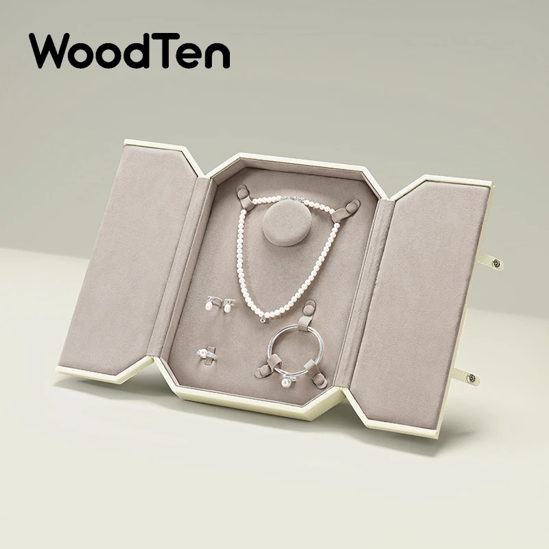 WoodTen Leather Jewelry Box Set High End Jewelry Organizer Double Button Ring Necklace Case Earring Bracelet Jewelry Gift Box