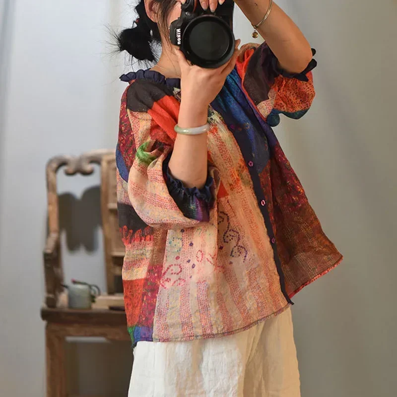 

Винтажные высококачественные женские рубашки из рами, летние блузки с цветочным принтом, новинка 2024 года, с пышными рукавами, 4 цвета, на пуговицах, свободного кроя