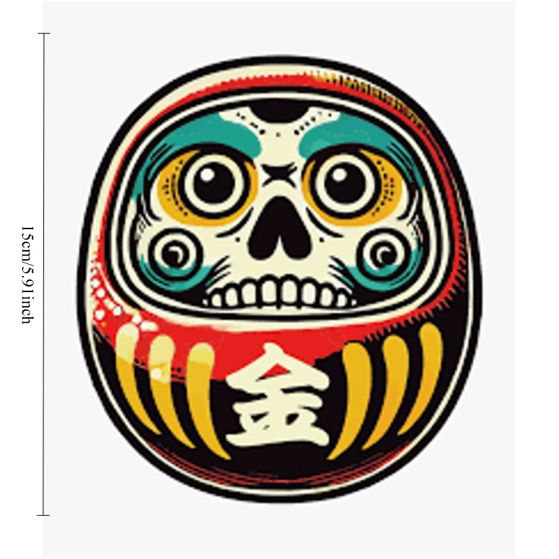 Japanese Daruma Skull Gold Kanji Red-Green Traditional Folk Art Waterproof Sticker for Laptop,Phone,Car,Unique Cultural Gift