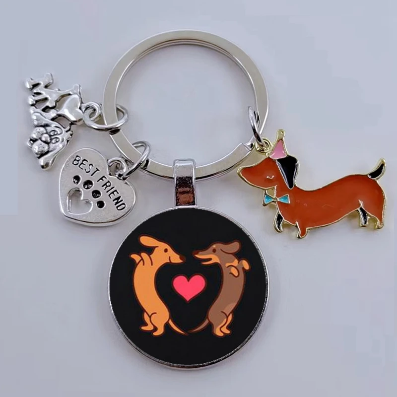 LLavero de perro salchicha de esmalte muy lindo, llavero de cabujón de cristal de pata de perro mascota Adorable, llavero colgante de amo a mi perro, regalo