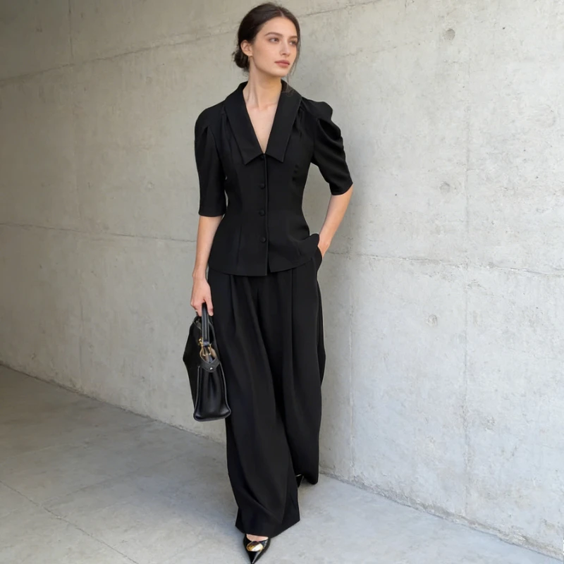 

Tsiisd Commuting Fashion Black 2 Piece-Set Women Pants Outfits V-Neck Solid Coat High Waist 2026 Wide-Leg Trousers Women's Sets