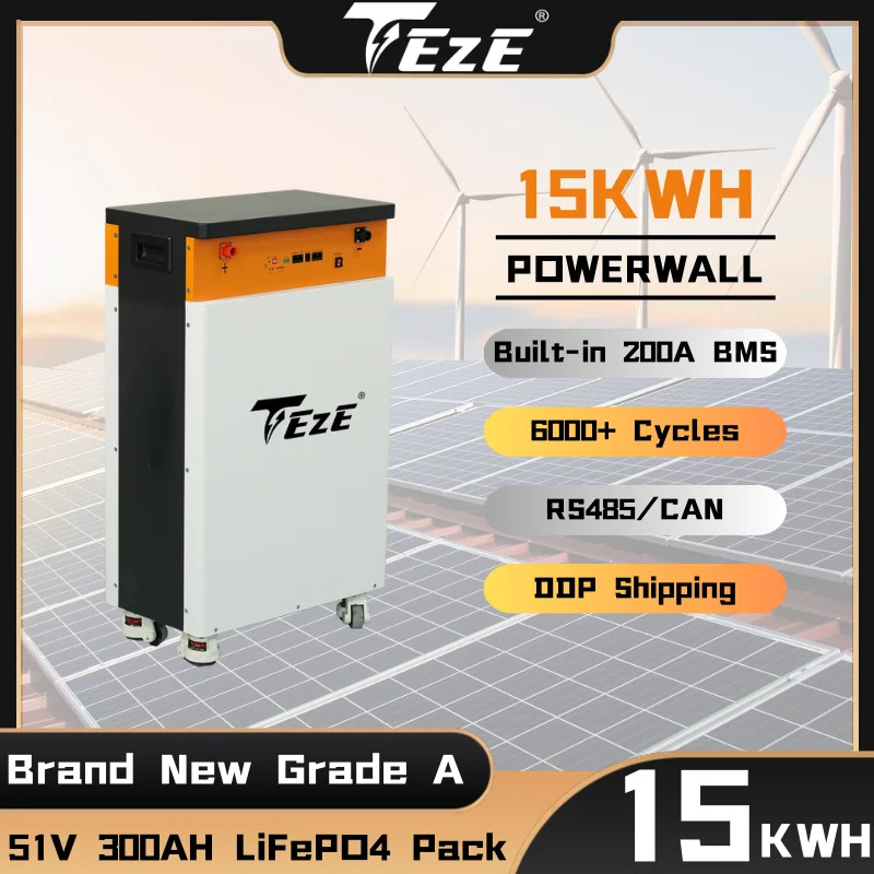 TEZE 51.2V 300Ah LiFePO4 Battery 15KWH Powerwall Built-in 200A Smart BMS 6000 Cycles RS485/CAN Large Power Home Solar Storage