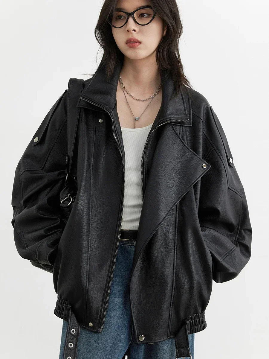 Solid Loose New Retro Standing Collar Motorcycle Faux Leather Coat Female Top Spring Autumn 2026  Woman PU Jacket
