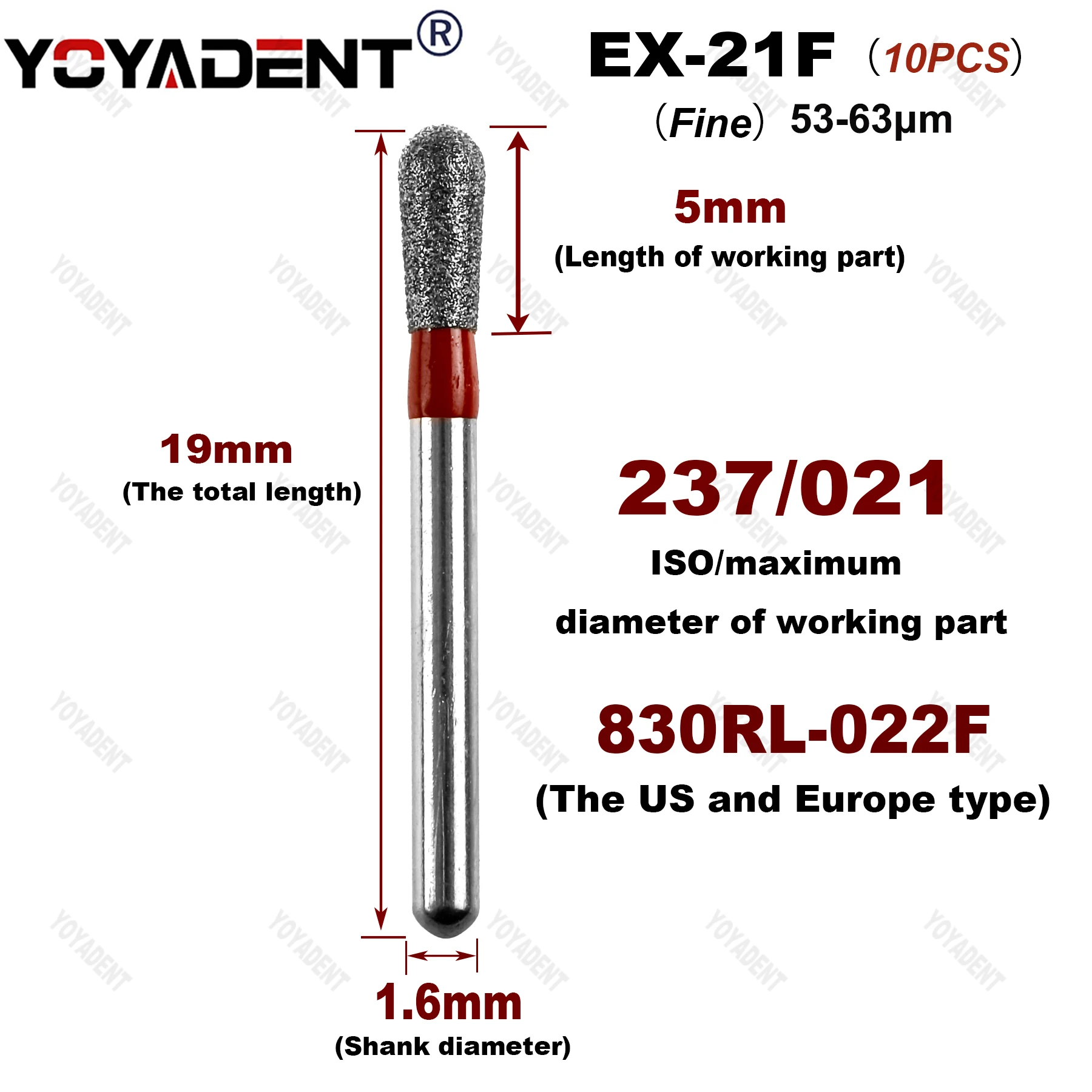 EX Type Fine/Extra Fine Dental Diamond Burs Dentistry Burs For High Speed Turbines Dia.1.6mm Dentist Accessories 10Pcs/Pack