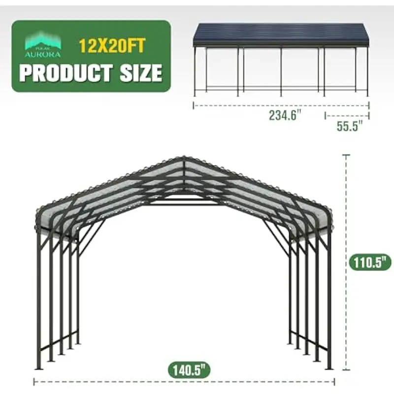 12x20 FT Heavy-Duty Steel Carport with Reinforced Roof Beams, Triple-Layer Rustproof Coating, Waterproof Sealed Canopy, Rubber-E
