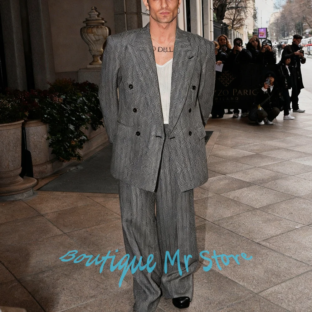 

Роскошный мужской серый пиджак с узором «елочка» + брючный костюм, двубортный пиджак с остроконечными лацканами для официальных мероприятий, элегантная мужская одежда
